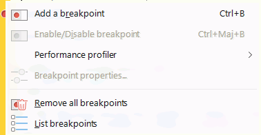 Context menu of breakpoints