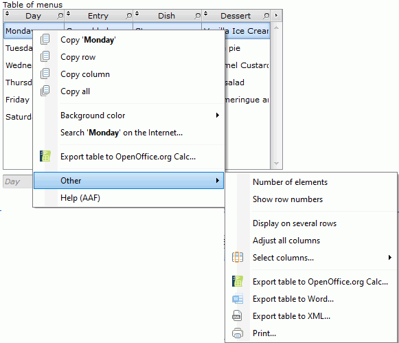 Context menu associated with Table controls and their columns AAF