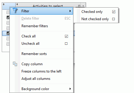 Context menu of Check Box column