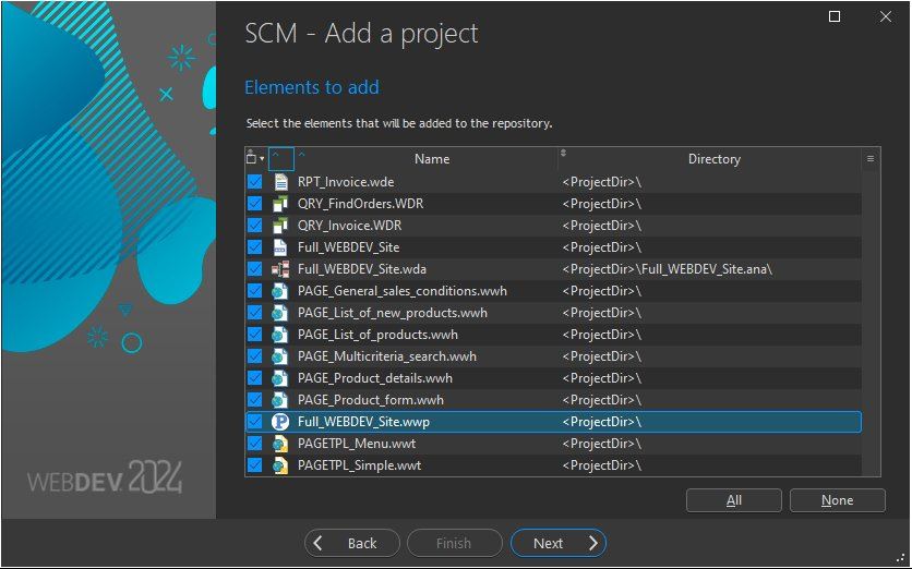 Wizard for adding a project to the SCM - Elements to add
