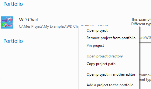 Project portfolio popup menu